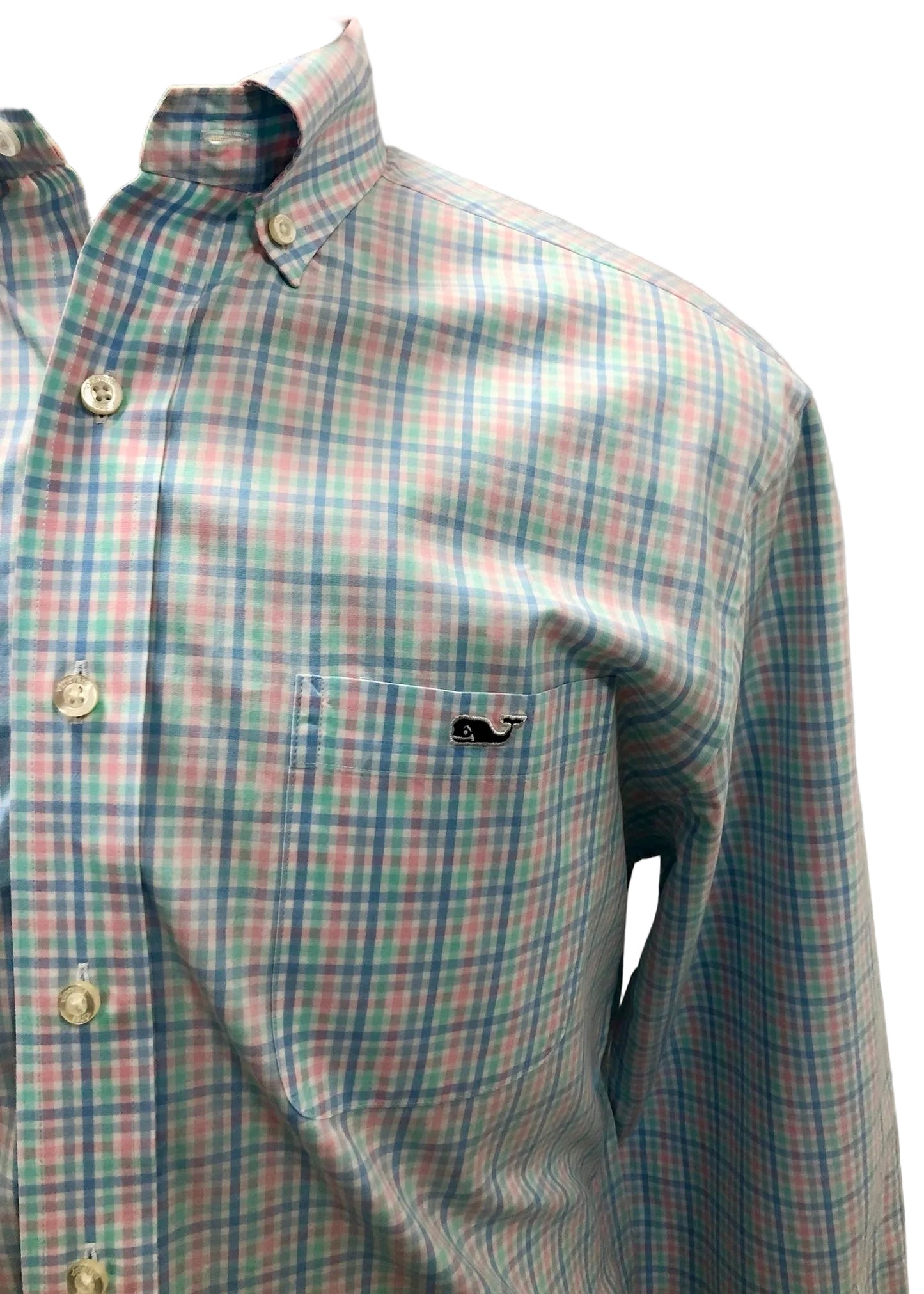 Camisa Vineyard Vines 🐳 Color blanco de cuadros en color rosado y celeste Talla M Entalle Clásico