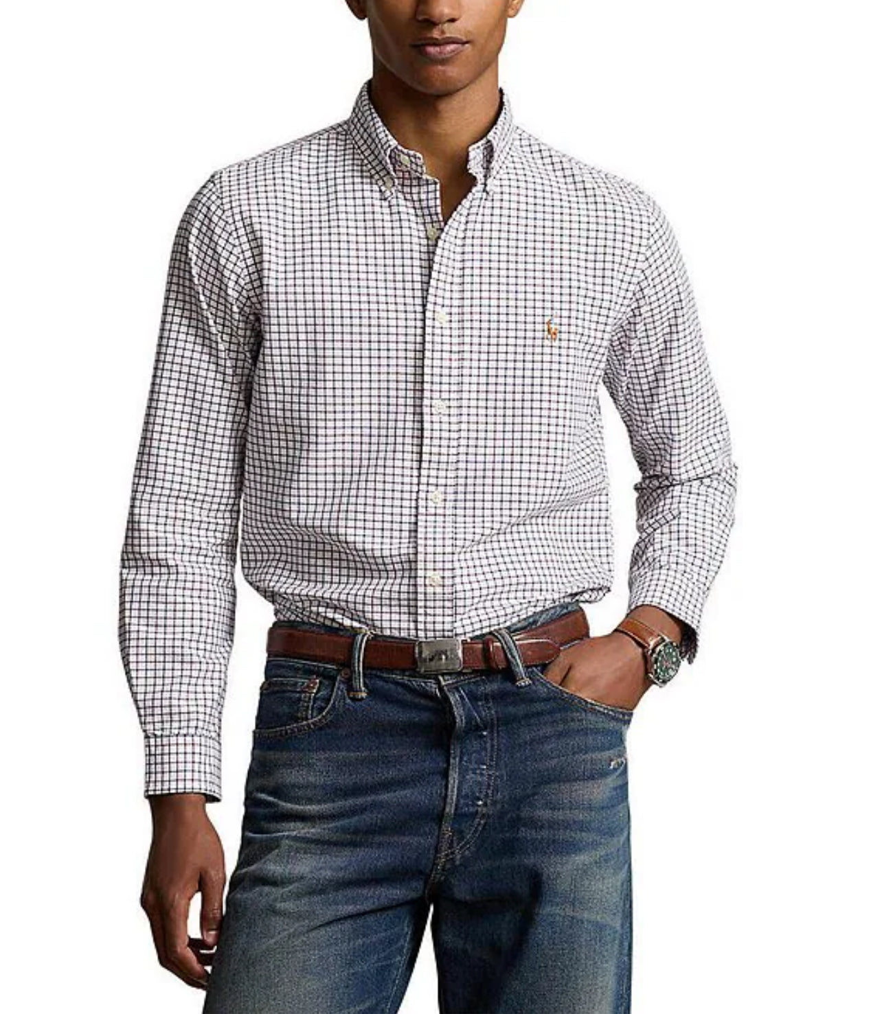 Camisa Polo Ralph Lauren 🏇🏼 con patron de cuadros gingham gris y blanco Talla XL Entalle Clásico