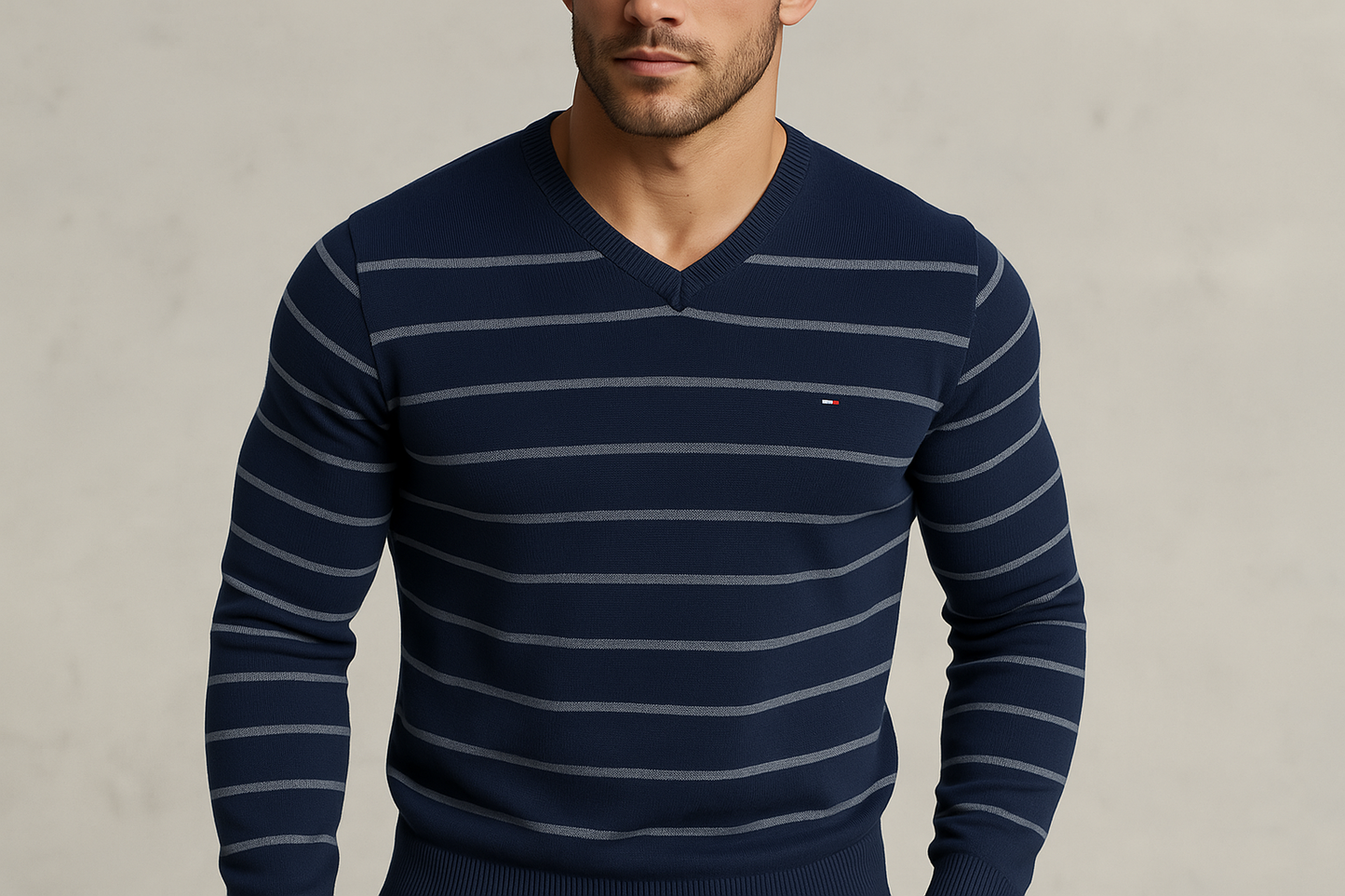 Sueter Jersey con cuello V Tommy Hilfiger 🇺🇸 color azul oscuro con rayas en color gris Talla S