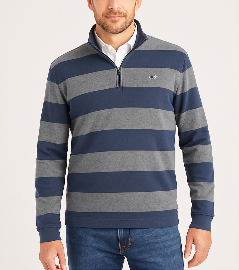 Sueter Jersey Vineyard Vines 🐳 con  franjas en gris y azul navy Talla S