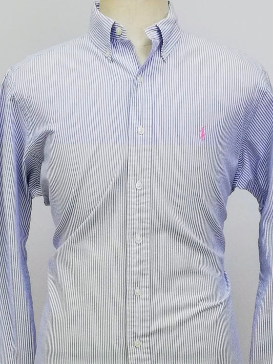 Camisa Polo Ralph Lauren 🏇🏼  Color blanco con patrón de rayas en celeste Seersucker Talla L Entalle Clásico (ver descripción)