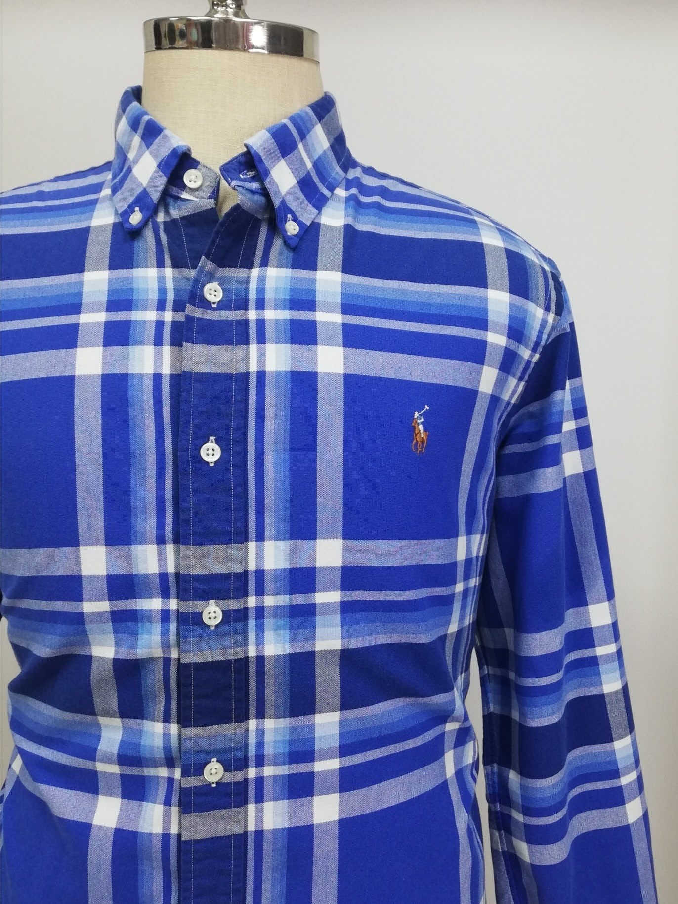 Camisa Polo Ralph Lauren 🏇🏼 Oxford con patron de cuadros tartán azul, celeste y blanco Talla XL Entalle Regular