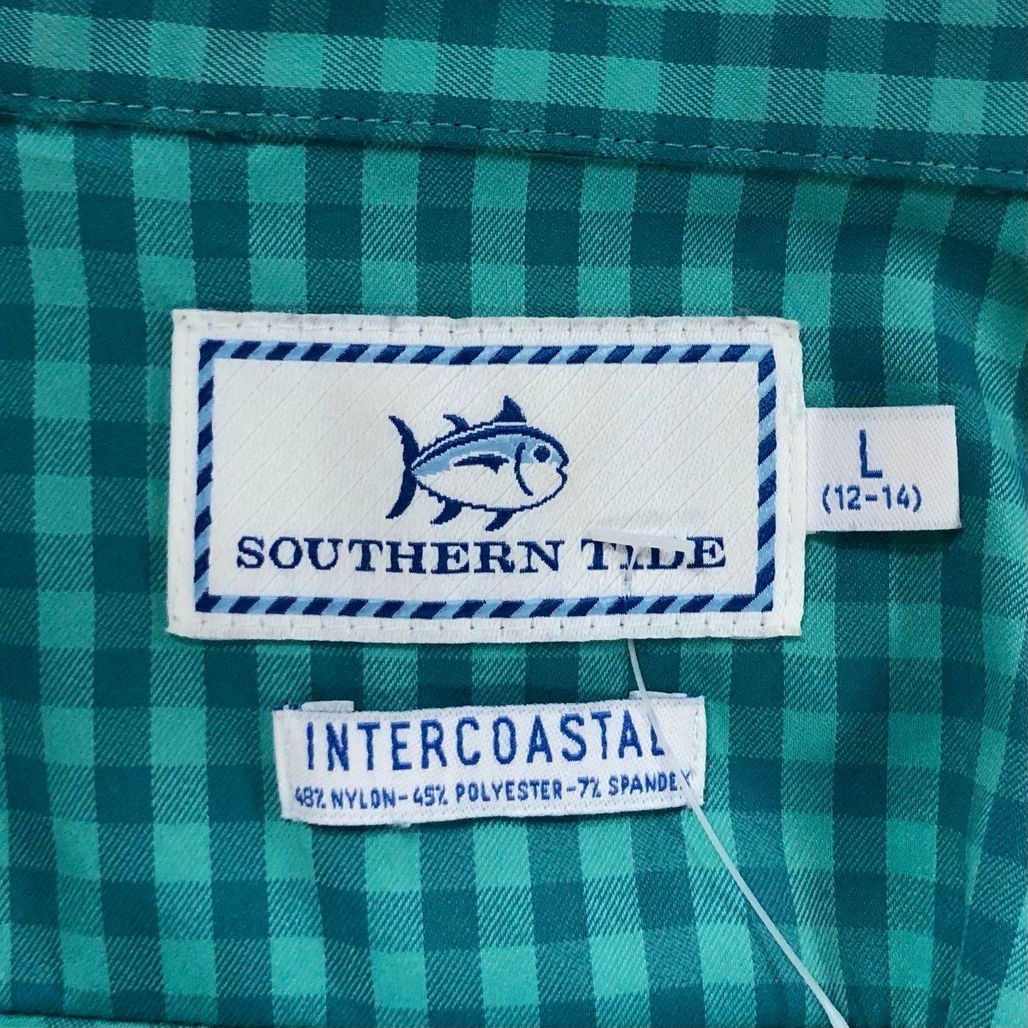 Camisa de niño Southern Tide 🐟 Performance con patron de cuadros en tonalidad verde Talla L (12-14) Entalle Regular