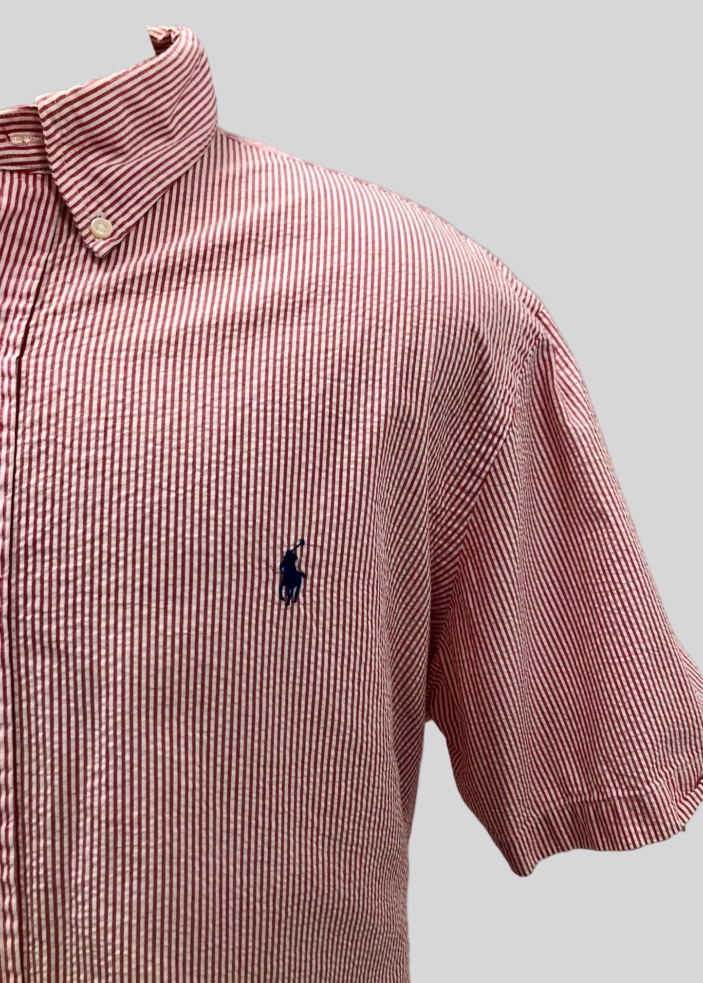Camisa de botones Polo Ralph Lauren 🏇🏼 Seersucker de rayas en rojo y blanco Talla XXL Entalle Clásico