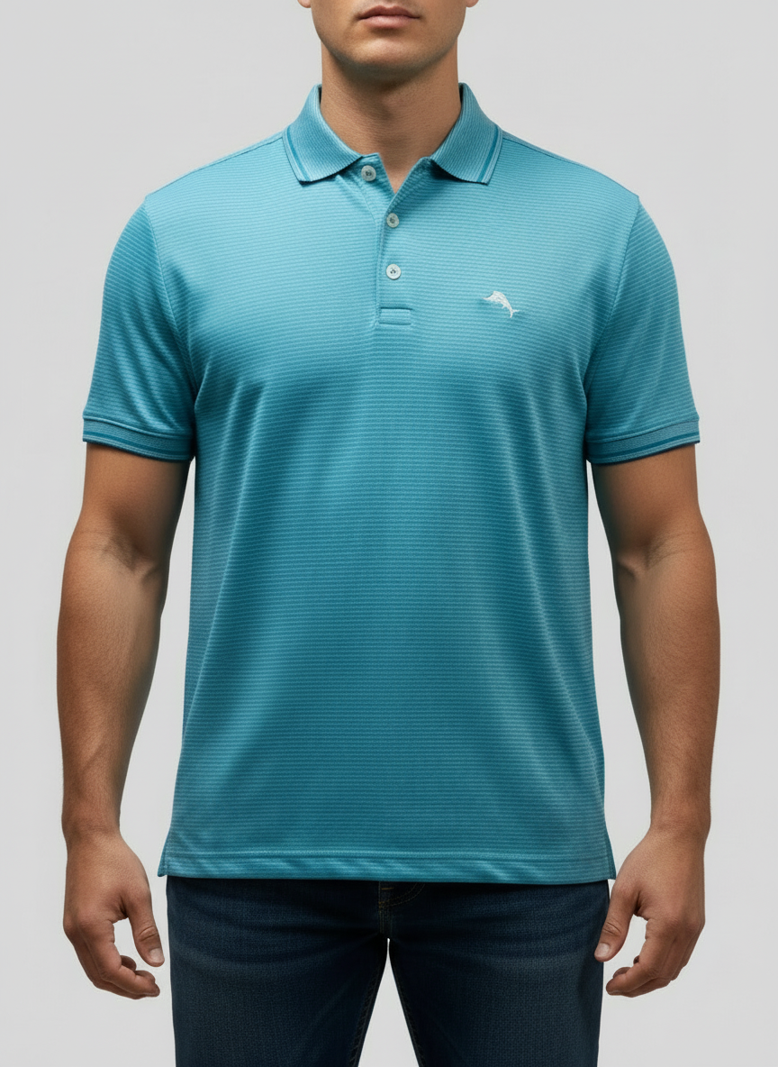Camiseta Polo Tommy Bahama 🐬 Performance color celeste de rayas en blanco Talla M Entalle Regular