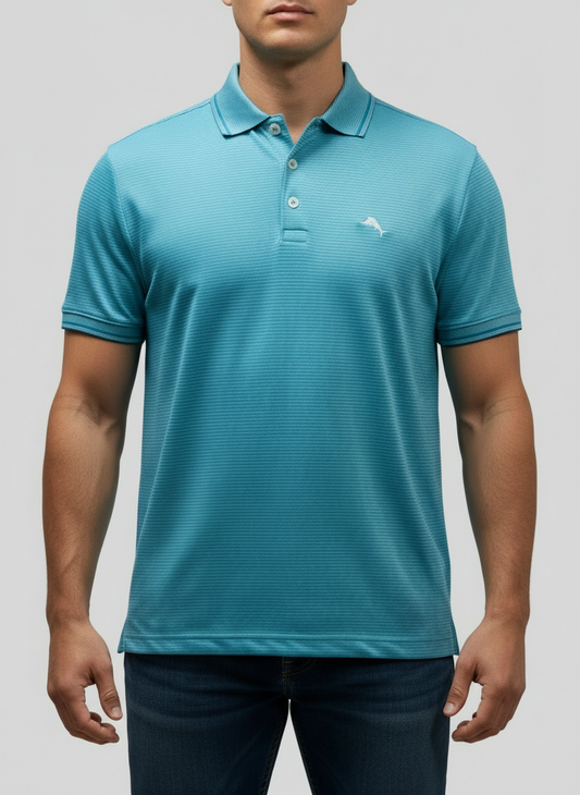 Camiseta Polo Tommy Bahama 🐬 Performance color celeste de rayas en blanco Talla M Entalle Regular