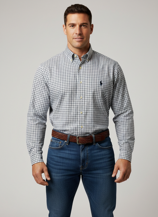 Camisa Polo Ralph Lauren 🏇🏼 Color blanco de cuadros en color azul y negro Talla L Entalle Regular