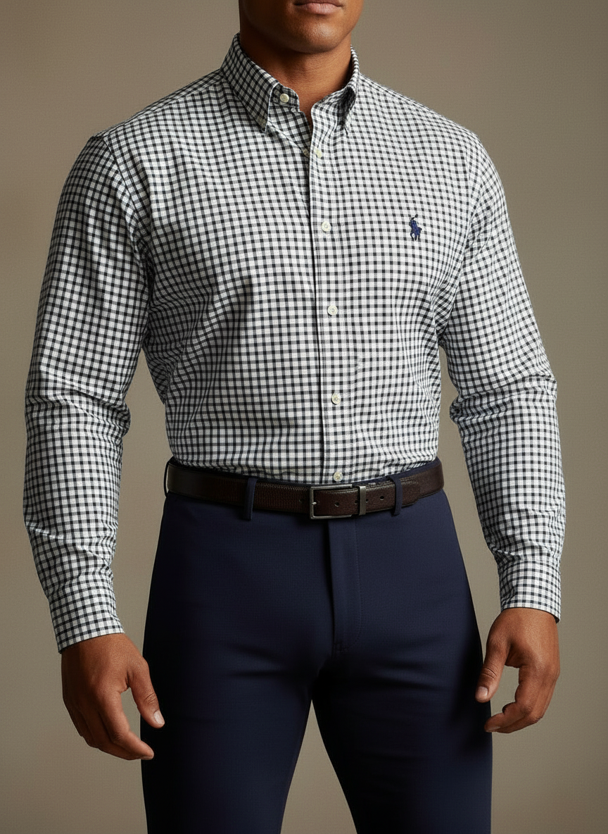 Camisa Polo Ralph Lauren 🏇🏼 Color blanco de cuadros en color azul y negro Talla L Entalle Regular