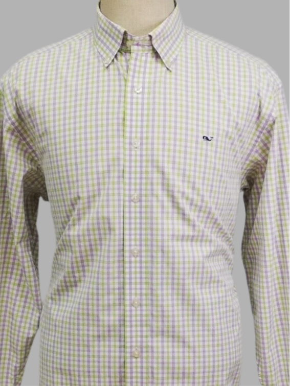 Camisa de botones Vineyard Vines 🐳 colon patrón de cuadros en color verde claro, morado y blanco Talla XL Entalle Regular (ver descripción)