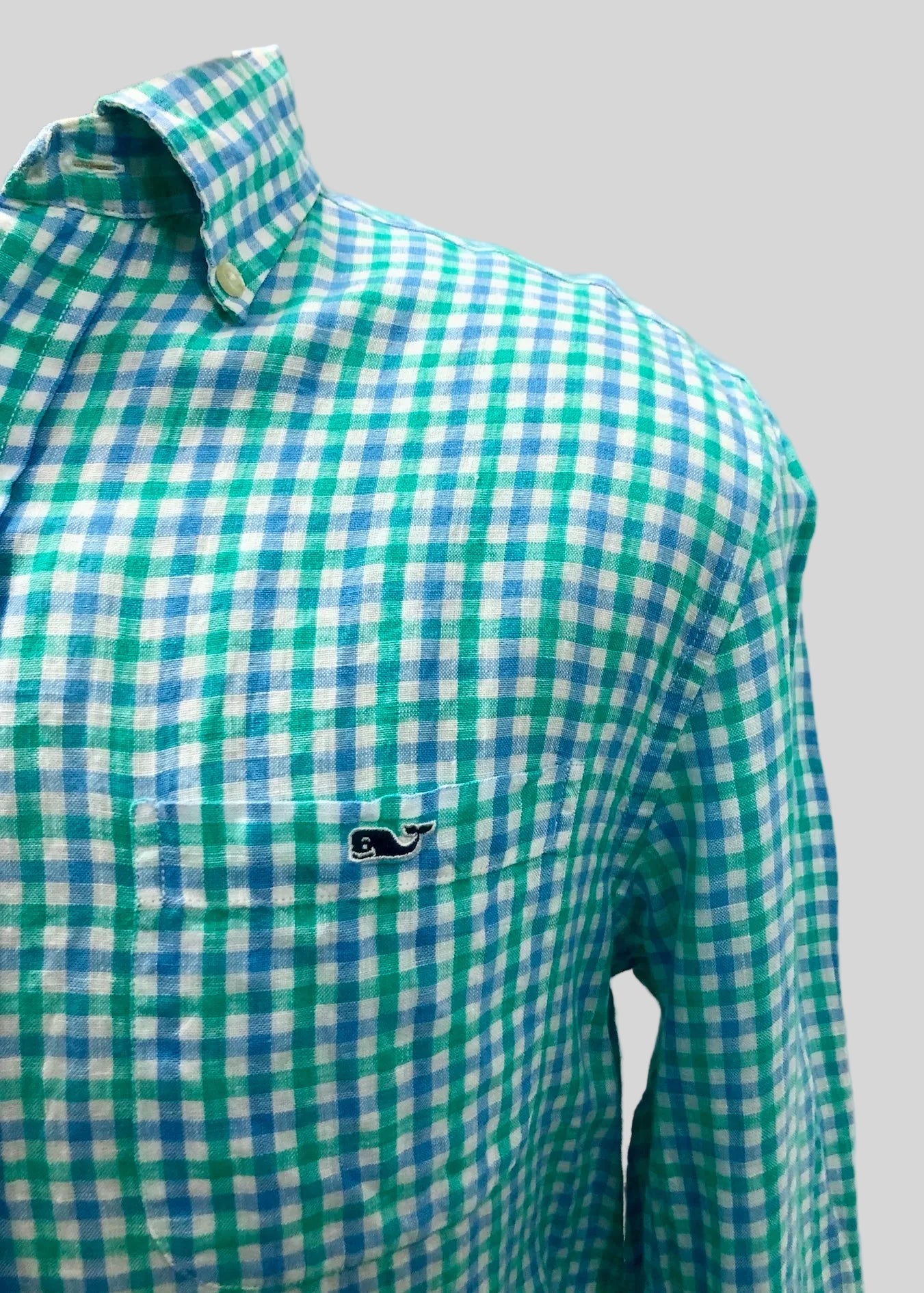 Camisa de botones Vineyard Vines 🐳 De Lino color blanco de cuadros en celeste y turquesa Talla M Entalle Clásico
