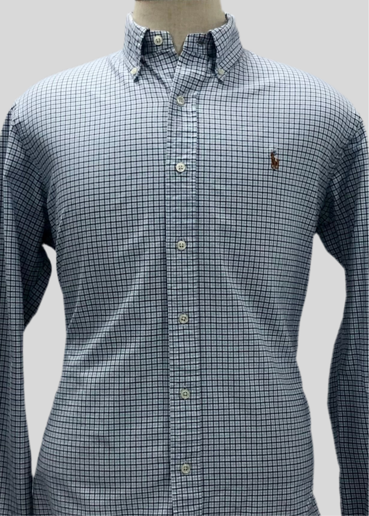 Camisa Polo Ralph Lauren 🏇🏼 color blanco patron de cuadros azul navy y celeste Talla L Entalle Custom Fit