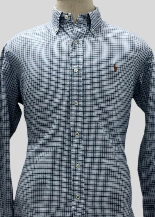 Camisa Polo Ralph Lauren 🏇🏼 color blanco patron de cuadros azul navy y celeste Talla L Entalle Custom Fit