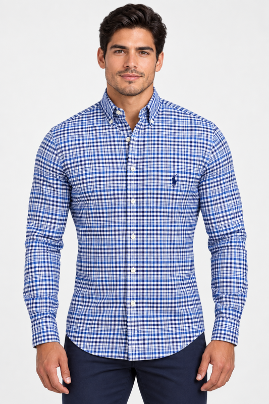 Camisa Polo Ralph Lauren 🏇🏼 de cuadros tartán azul navy y blanco Talla L Entalle Clásico