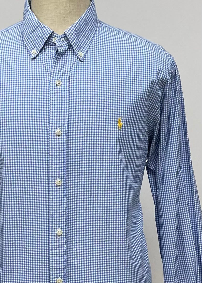 Camisa Polo Ralph Lauren 🏇🏼 con patrón de cuadros gingham celeste y blanco Talla XL Entalle Clásico