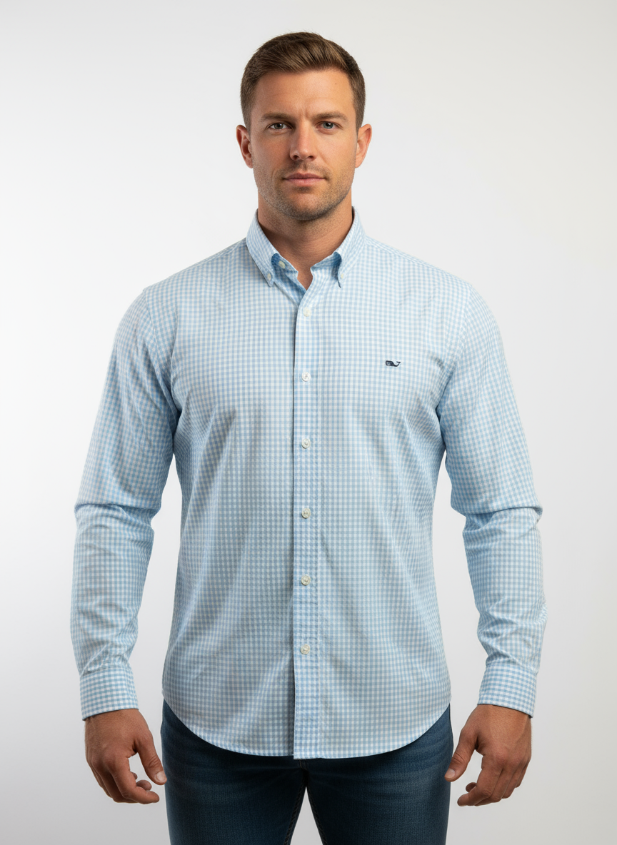 Camisa de botones Vineyard Vines 🐳 de cuadros gingham en color celeste y blanco Talla XL Entalle Clásico