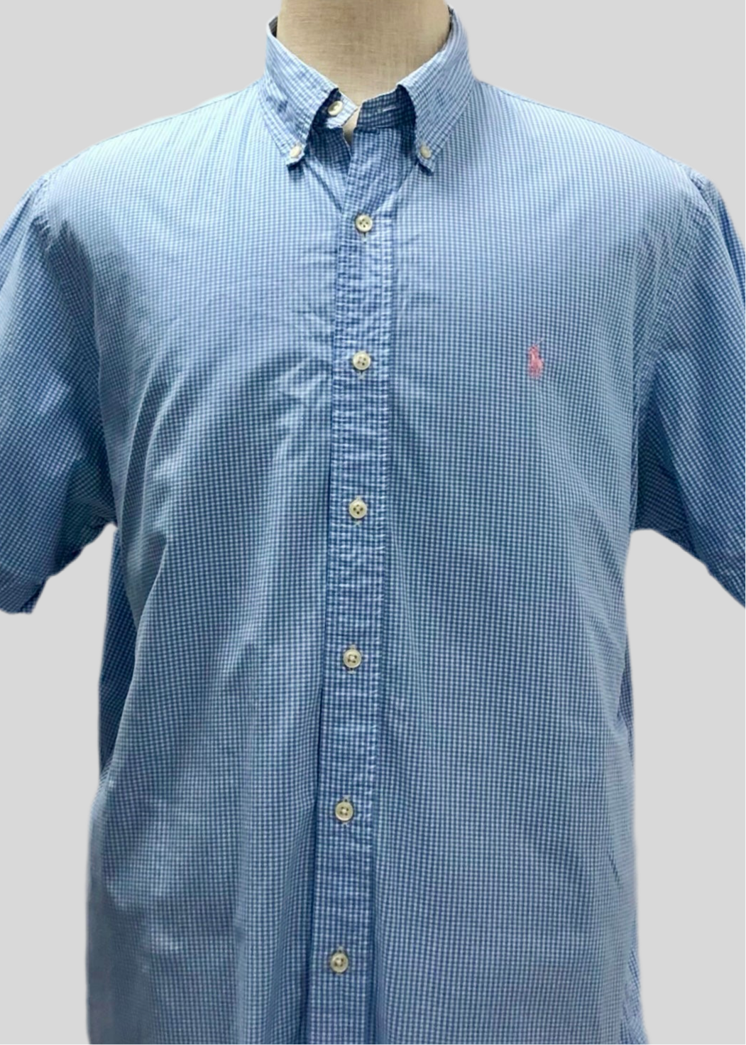 Camisa Polo Ralph Lauren 🏇🏼 con patrón de cuadros finos en celeste y blanco Talla XL Entalle Regular (ver descripción)