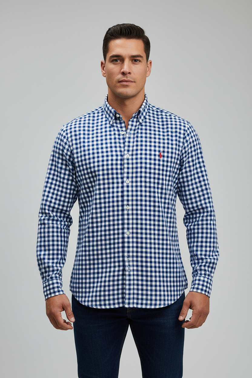 Camisa Polo Ralph Lauren 🏇🏼 de cuadros gingham azul y blanco Talla L Entalle Regular