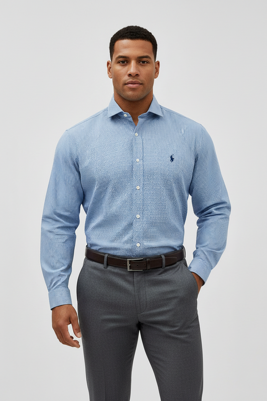 Camisa Polo Ralph Lauren 🏇🏼 de cuadros finos en azul y blanco Talla M Entalle Custom Fit
