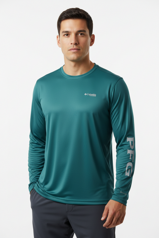 Camiseta cuello redondo Columbia 🔷 color verde oscuro manga larga Talla L