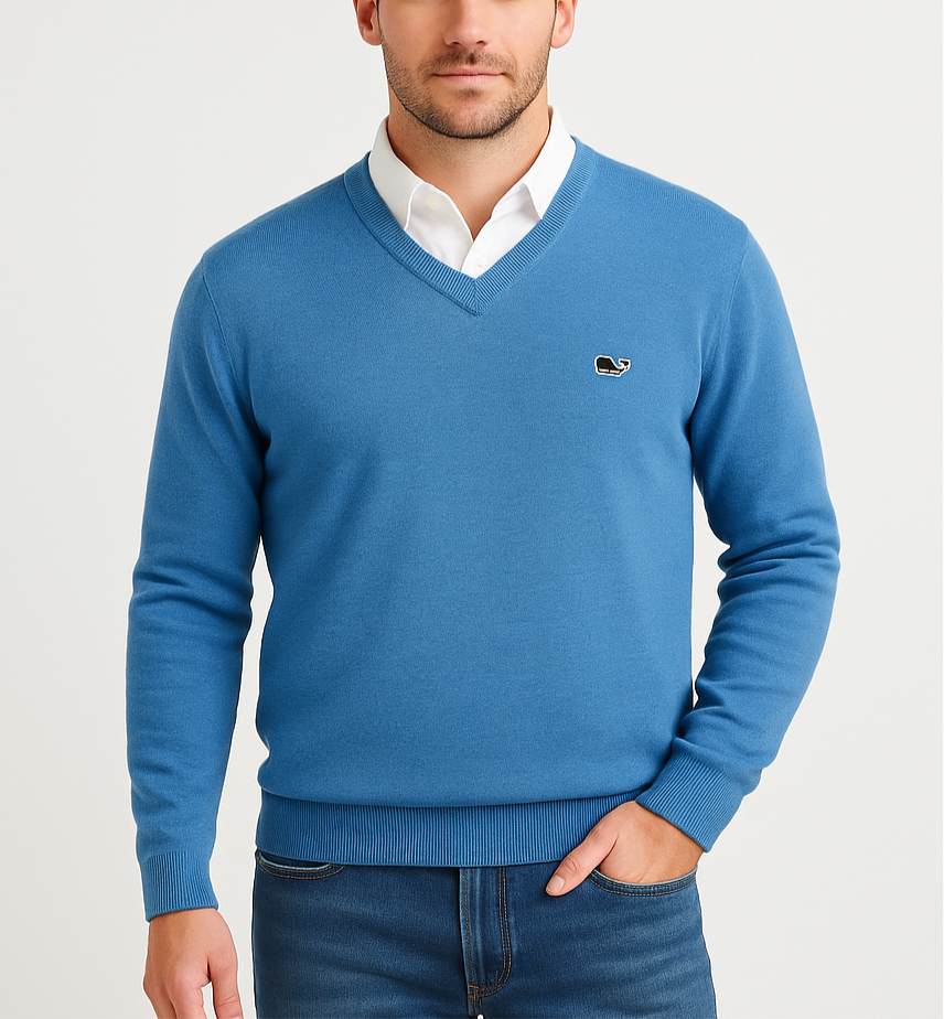 Sueter Jersey con cuello V Vineyard Vines 🐳 Tela Merino color celeste Talla M