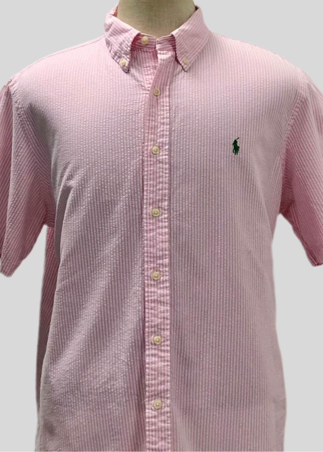 Camisa Polo Ralph Lauren 🏇🏼 Color blanco con patrón de rayas en rosado Seersucker Talla XL Entalle Regular