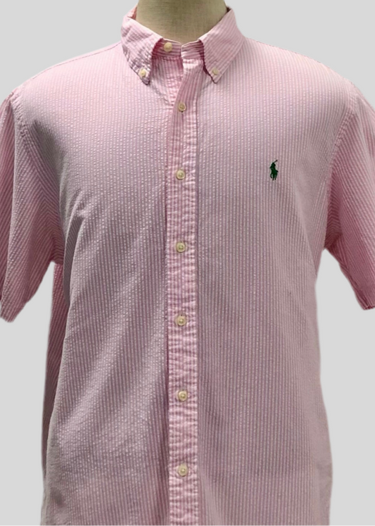 Camisa Polo Ralph Lauren 🏇🏼 Color blanco con patrón de rayas en rosado Seersucker Talla XL Entalle Regular