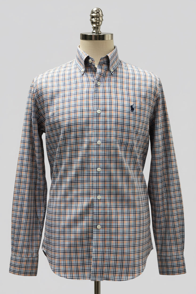 Camisa Polo Ralph Lauren 🏇🏼 color blanco de cuadros tartán azul, celeste y naranja Talla M Entalle Regular