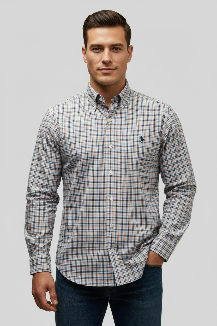 Camisa Polo Ralph Lauren 🏇🏼 color blanco de cuadros tartán azul, celeste y naranja Talla M Entalle Regular