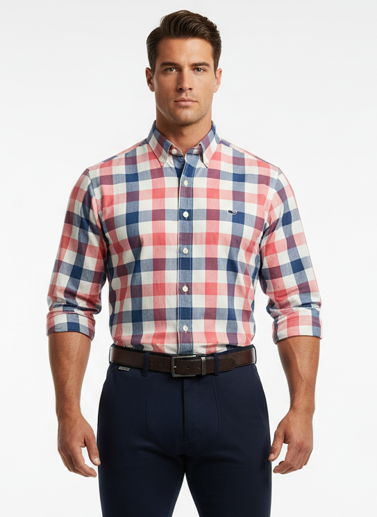 Camisa de botones Vineyard Vines 🐳 de cuadros en color rojo, azul y blanco Talla M Entalle Slim Fit