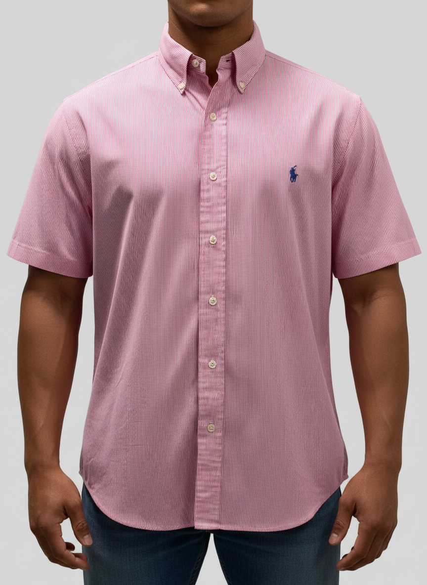 Camisa de botones Polo Ralph Lauren 🏇🏼 color blanco con patron de rayas finas en color rosado Talla L Entalle Clasico