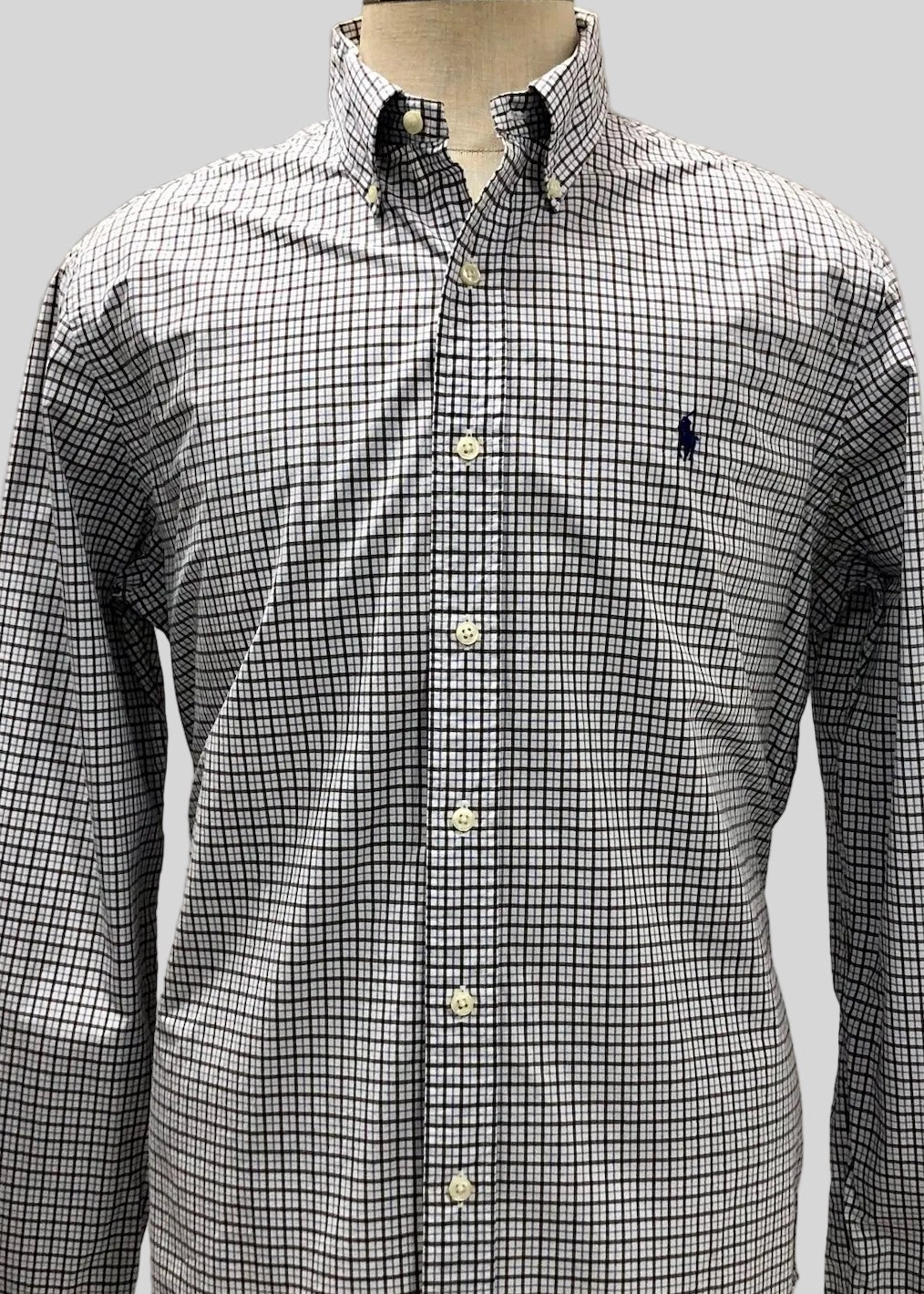 Camisa Polo Ralph Lauren 🏇🏼 color blanco de cuadros Kaki y azul Talla L Entalle Regular
