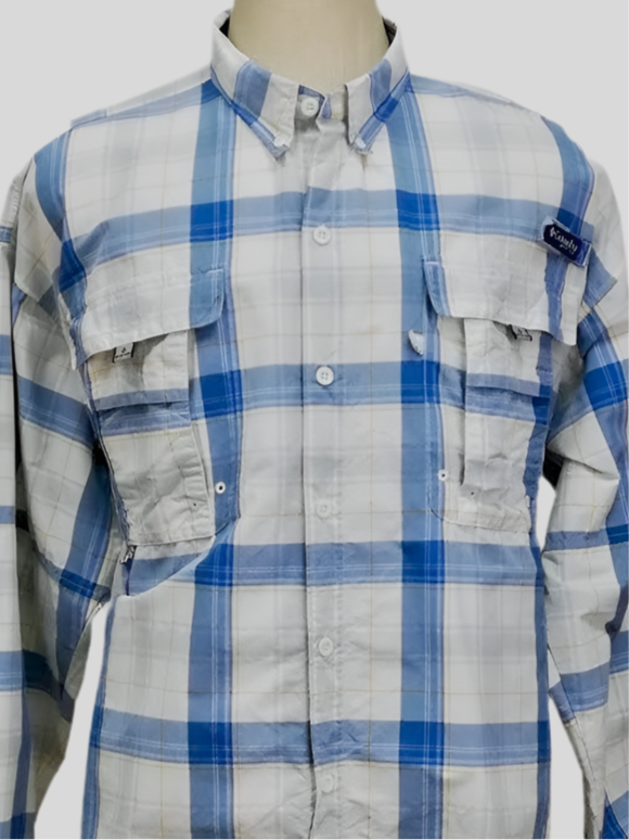 Camisa Columbia 🔹 Super Bahama Color blanco con patrón de cuadros en azul y gris Talla XXL