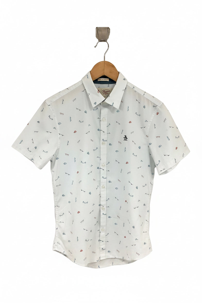 Camisa Original Penguin 🐧 color blanco con diseño de patinetas Talla S Entalle Slim Fit (ver descripción)