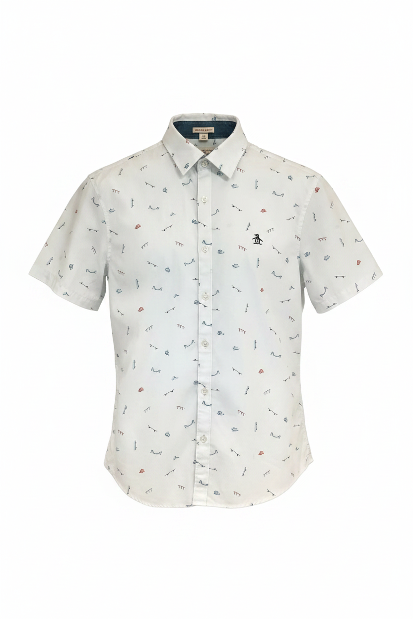 Camisa Original Penguin 🐧 color blanco con diseño de patinetas Talla S Entalle Slim Fit (ver descripción)