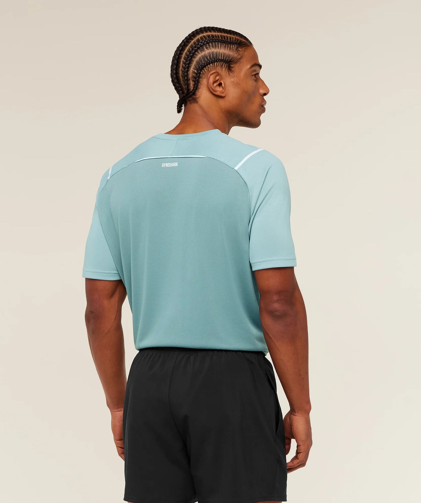 Camiseta de entrenamiento cuello redondo Gymshark 🏋🏽 color celeste con líneas y logo en blanco Talla L