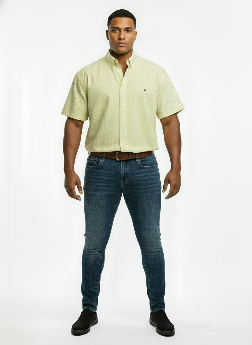 Camisa Tommy Hilfiger 🇺🇸 color Amarillo con patrón de rayas en color blanco Talla XXL Entalle Regular