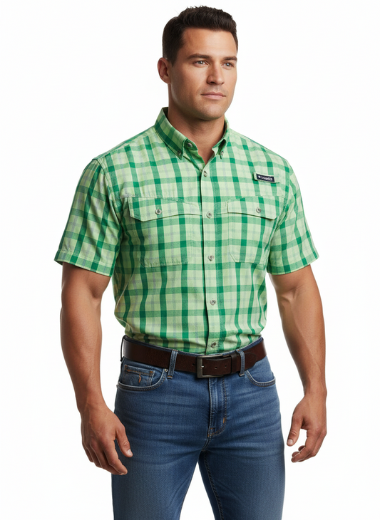 Camisa de botones Columbia 🔹de cuadros en color verde y verde claro con Omni Shade Manga corta Talla S