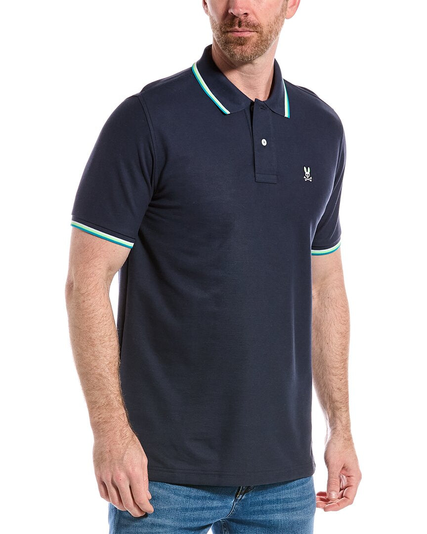 Camiseta Polo Psycho Bunny 🐰 Pique en color azul navy con diseño de cuello en blanco y verde Talla M Entalle Regular