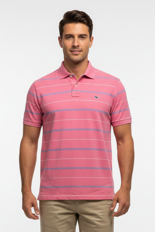 Camiseta Polo Vineyard Vines 🐳 color rosado magenta con rayas en color azul y blanco Talla L Entalle Regular