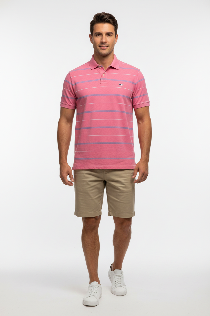 Camiseta Polo Vineyard Vines 🐳 color rosado magenta con rayas en color azul y blanco Talla L Entalle Regular