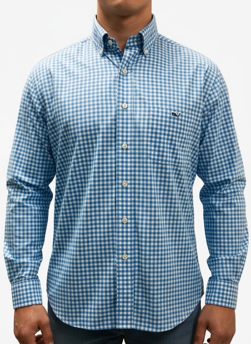 Camisa Vineyard Vines 🐳 Performance de cuadros gingham en color celeste y blanco Talla L Entalle Clásico