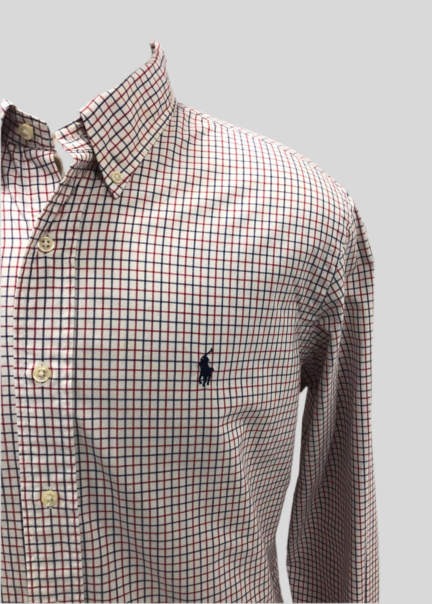 Camisa de botones Polo Ralph Lauren 🏇🏼 Color blanco de cuadros en color rojo y azul Talla L Entalle Custom Fit (ver descripción)