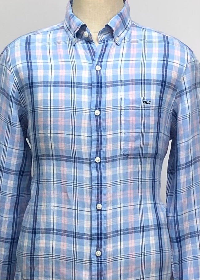 Camisa de botones Vineyard Vines 🐳 De Lino con patrón de cuadros en azul, rosado y blanco Talla M Entalle Clásico