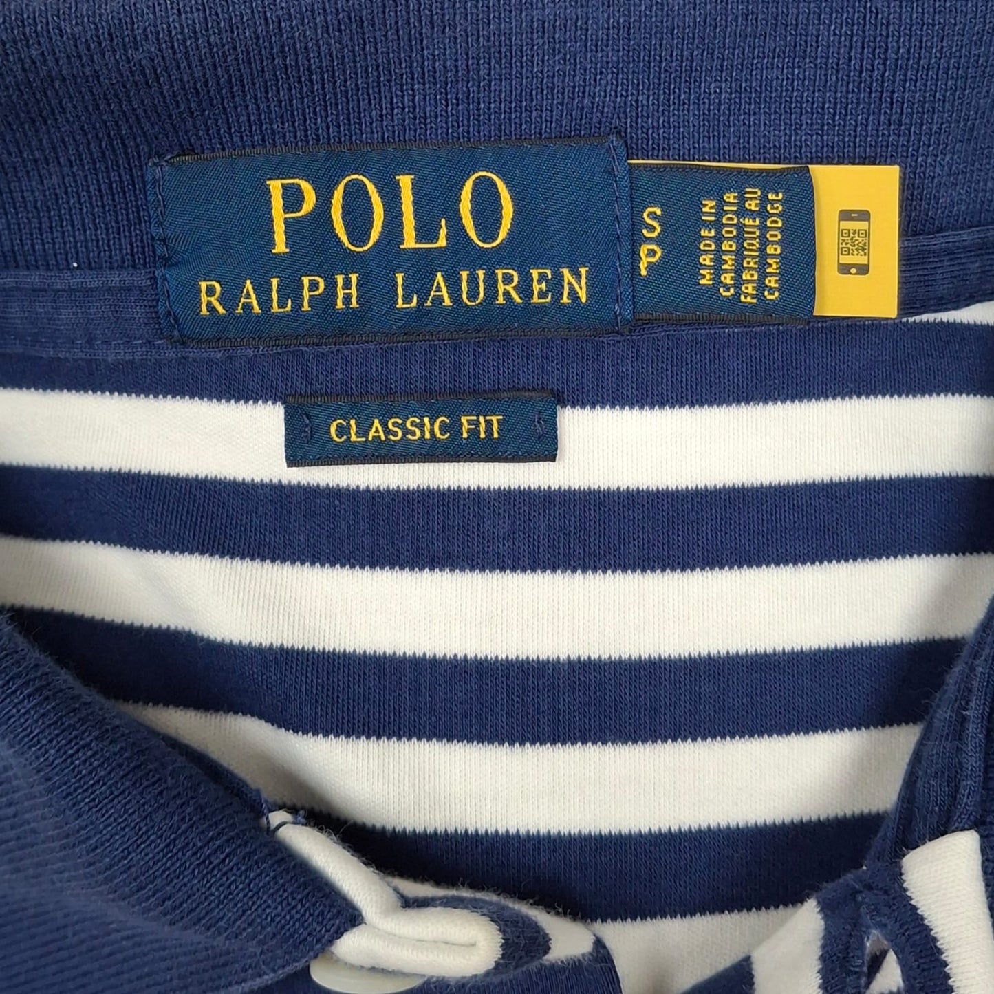 Camiseta Polo Ralph Lauren 🏇🏼 Color blanco con patrón de rayas color Azul navy Talla S Entalle Clásico