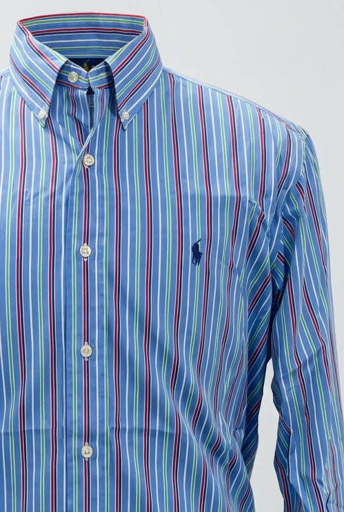 Camisa de botones Polo Ralph Lauren 🏇🏼 color azul de rayas en verde, rojo y blanco Talla L Entalle Clásico