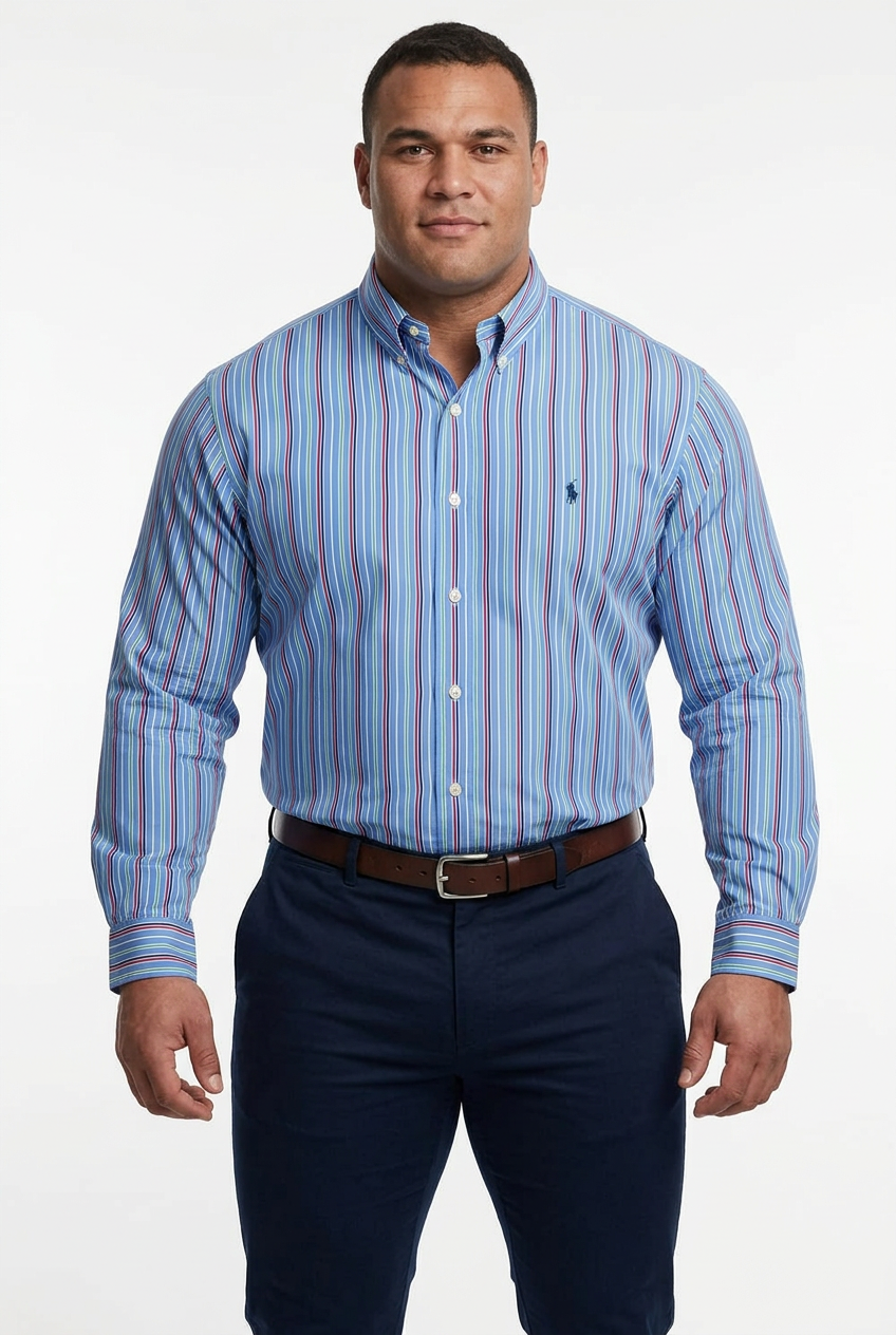 Camisa de botones Polo Ralph Lauren 🏇🏼 color azul de rayas en verde, rojo y blanco Talla L Entalle Clásico