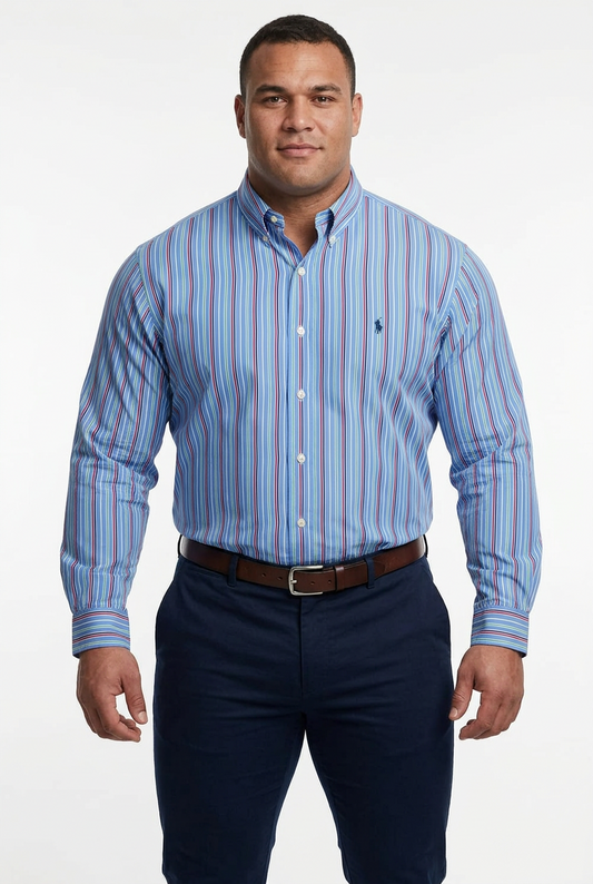 Camisa de botones Polo Ralph Lauren 🏇🏼 color azul de rayas en verde, rojo y blanco Talla L Entalle Clásico