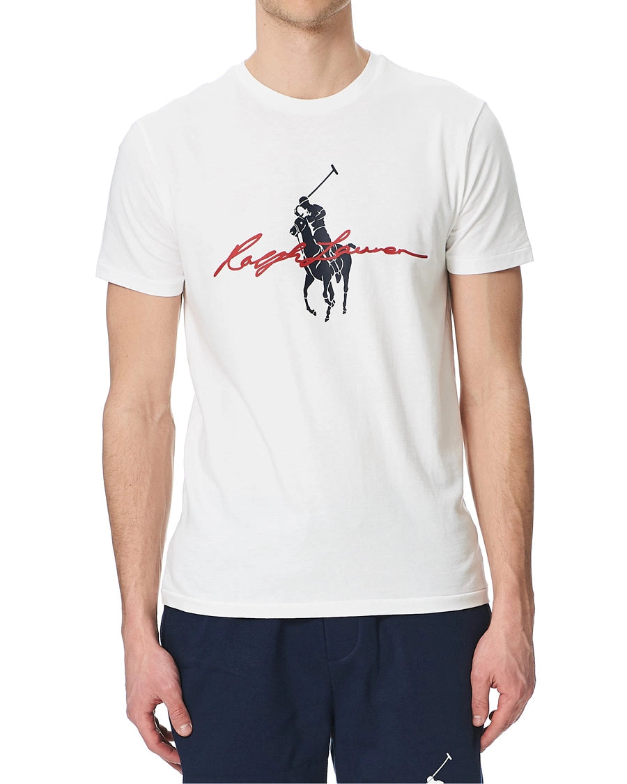 Camiseta cuello redondo Polo Ralph Lauren 🏇🏼 color blanco con diseño de logo en azul y rojo Talla Medium Entalle Clásico