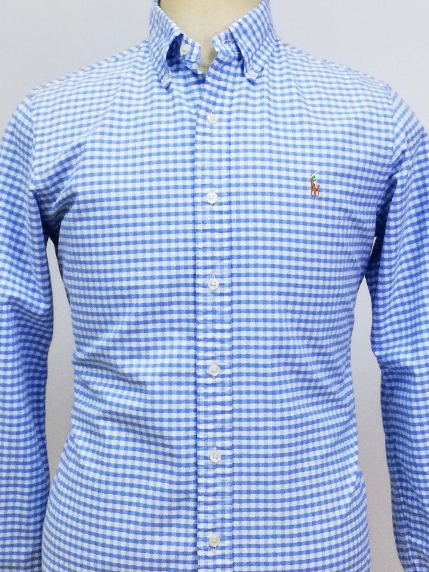 Camisa Polo Ralph Lauren 🏇🏼 Oxford con patron de cuadros gingham en Celeste y blanco Talla S Entalle Regular (ver descripción)