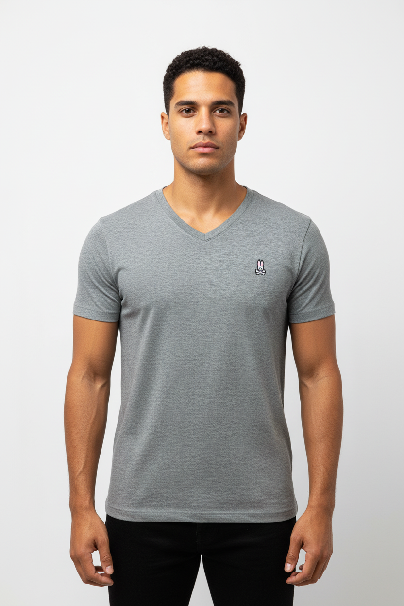 Camiseta cuello V Psycho Bunny 🐰 color gris con logo tradicional bordado Talla L